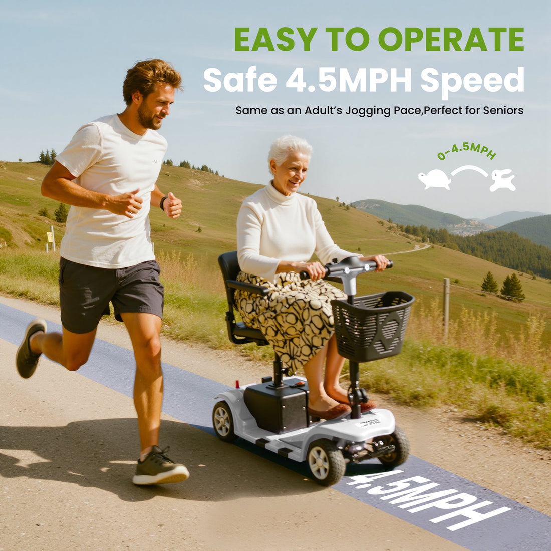 SKRT Mobility Scooter for Adults, Senior, skmc 4 Wheels Electric Powered Chargeable Device for Travel, Lightweight and Portable, with LED Headlights and Basket, Charger Included