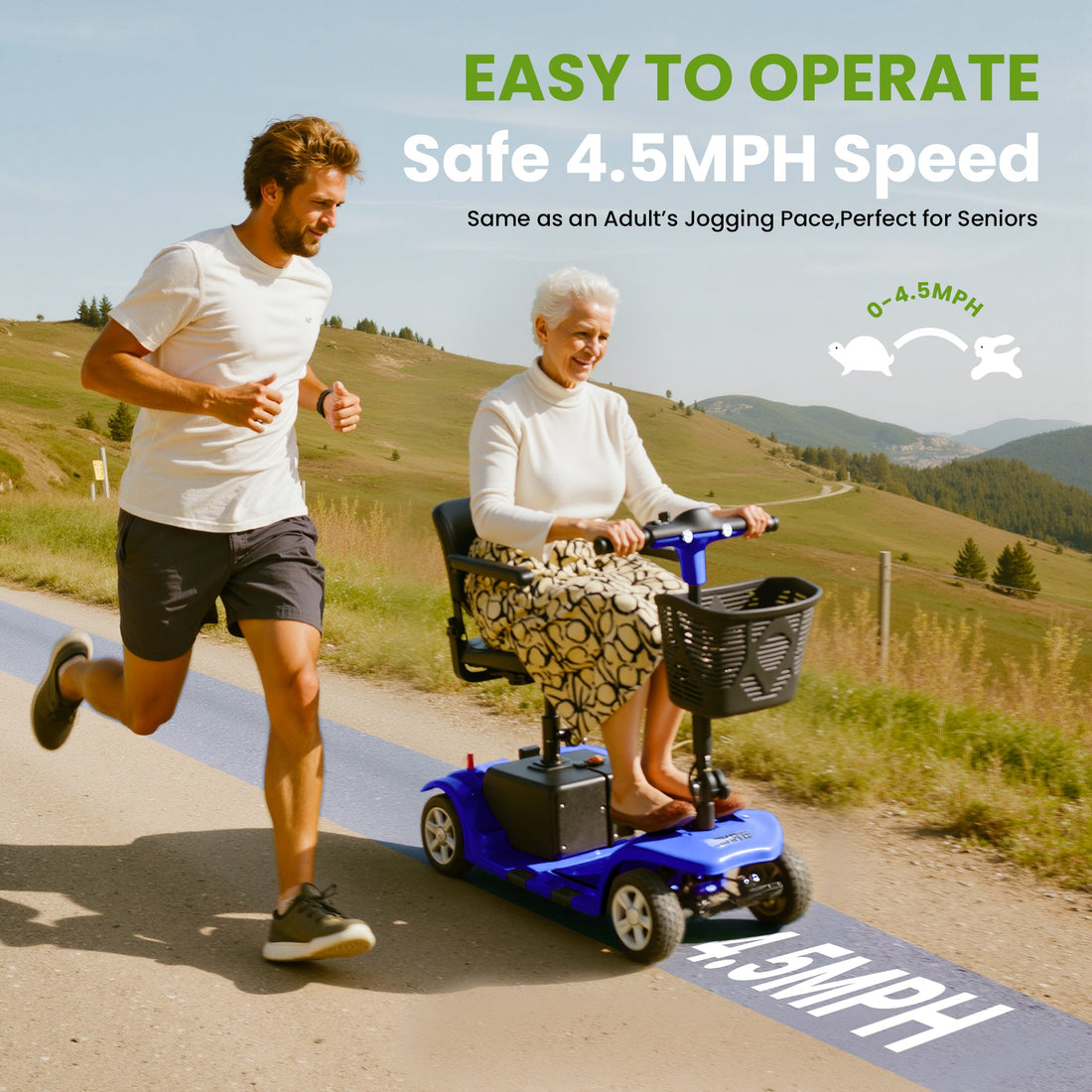 SKRT Mobility Scooter for Adults, Senior, skmc 4 Wheels Electric Powered Chargeable Device for Travel, Lightweight and Portable, with LED Headlights and Basket, Charger Included
