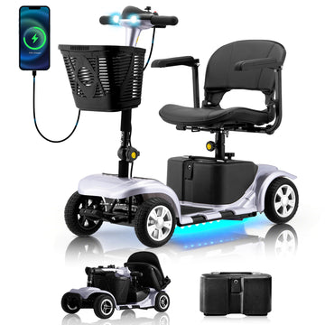 SKRT Mobility Scooter for Adults, Senior, skmc 4 Wheels Electric Powered Chargeable Device for Travel, Lightweight and Portable, with LED Headlights and Basket, Charger Included