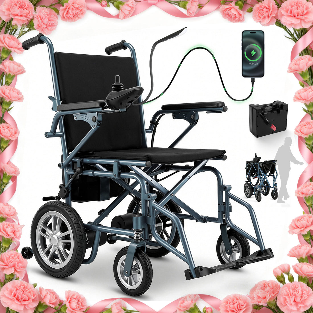 SKRT XW-LY001 Foldable Electric Wheelchair for Adults, 360W Dual Motor Power Wheelchair with 15-Mile Range, 4MPH Max Speed, Supports Up to 286 lbs